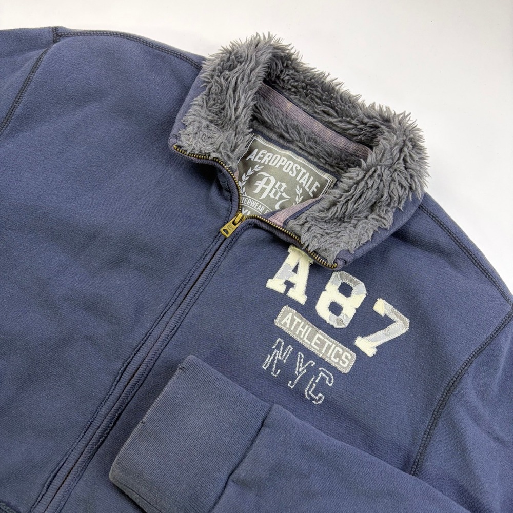 Y2K Aeropostale A87 Athletics NYC Full Zip Fleece Jacket Mens XL Navy Faux Fur